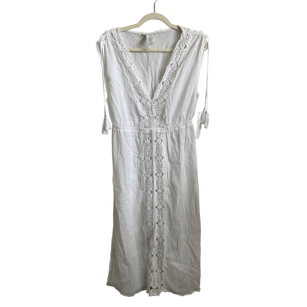 La Blanca White Cotton Crinkle Gauze Crochet Lace Maxi Dress Cover Up Medium